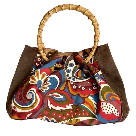 Prague Brown Suede Floral Bamboo handle Purse - Picture 1 of 5